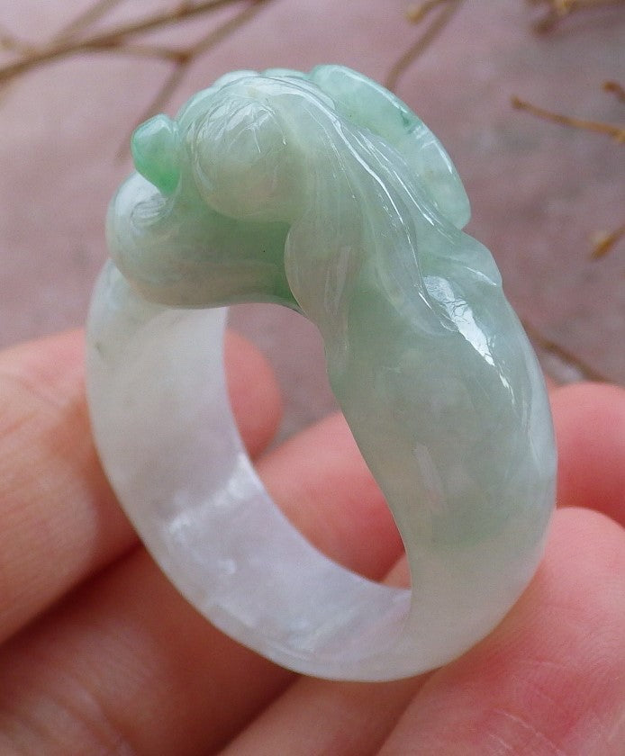 Certified Hand Carved Green Natural Myanmar Burma A JADE Jadeite Gold Fish Ring US 11.25