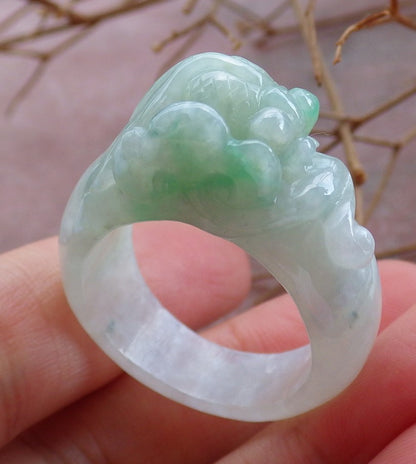 Certified Hand Carved Green Natural Myanmar Burma A JADE Jadeite Gold Fish Ring US 11.25