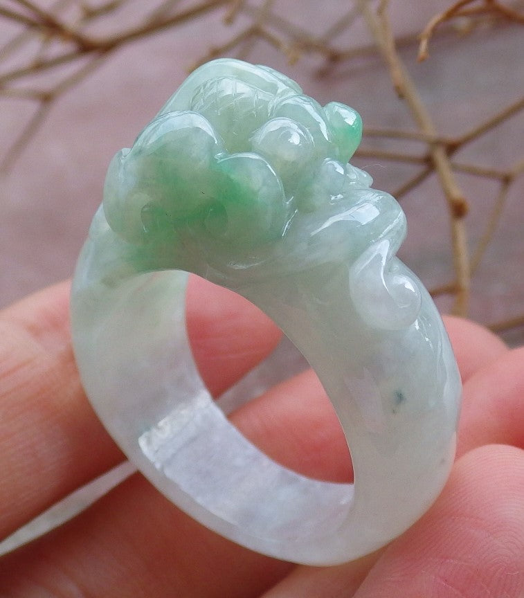 Certified Hand Carved Green Natural Myanmar Burma A JADE Jadeite Gold Fish Ring US 11.25