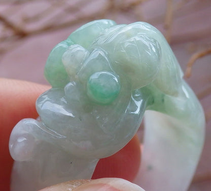 Certified Hand Carved Green Natural Myanmar Burma A JADE Jadeite Gold Fish Ring US 11.25