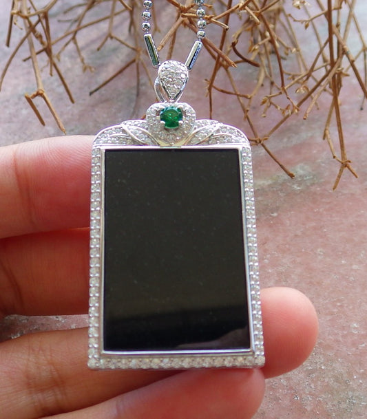 Certified Sterling Silver 925 Natural Myanmar Burma Grade A Hand Carved Jade Jadeite Black Green Rectangle Pendant Necklace