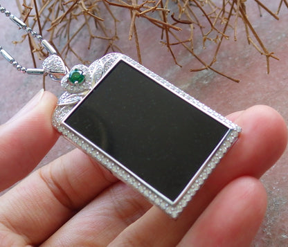 Certified Sterling Silver 925 Natural Myanmar Burma Grade A Hand Carved Jade Jadeite Black Green Rectangle Pendant Necklace