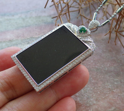 Certified Sterling Silver 925 Natural Myanmar Burma Grade A Hand Carved Jade Jadeite Black Green Rectangle Pendant Necklace
