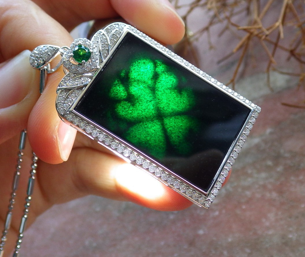 Certified Sterling Silver 925 Natural Myanmar Burma Grade A Hand Carved Jade Jadeite Black Green Rectangle Pendant Necklace