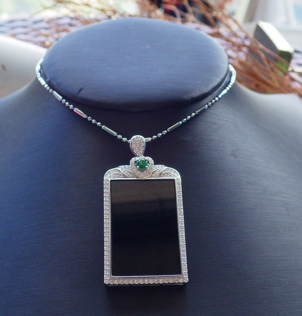 Certified Sterling Silver 925 Natural Myanmar Burma Grade A Hand Carved Jade Jadeite Black Green Rectangle Pendant Necklace