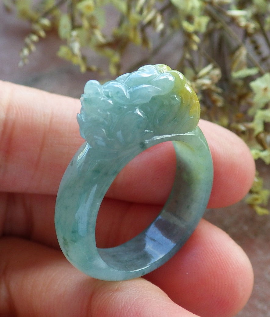 Certified Hand Carved Icy Yellow Green Natural Myanmar Burma A JADE Jadeite Dragon Pi Xiu Ring US 8.5