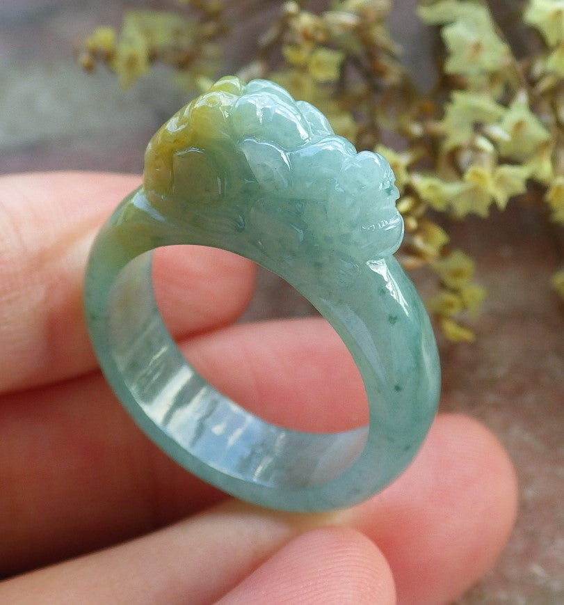 Certified Hand Carved Icy Yellow Green Natural Myanmar Burma A JADE Jadeite Dragon Pi Xiu Ring US 8.5