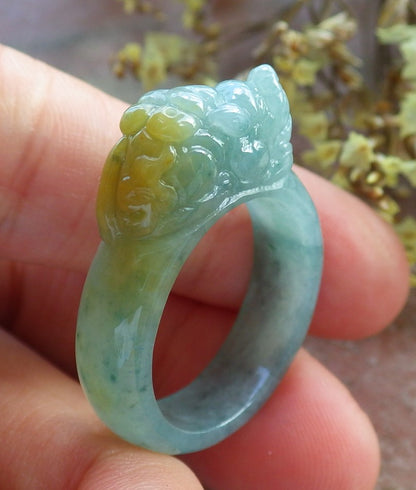 Certified Hand Carved Icy Yellow Green Natural Myanmar Burma A JADE Jadeite Dragon Pi Xiu Ring US 8.5