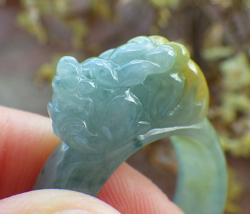 Certified Hand Carved Icy Yellow Green Natural Myanmar Burma A JADE Jadeite Dragon Pi Xiu Ring US 8.5