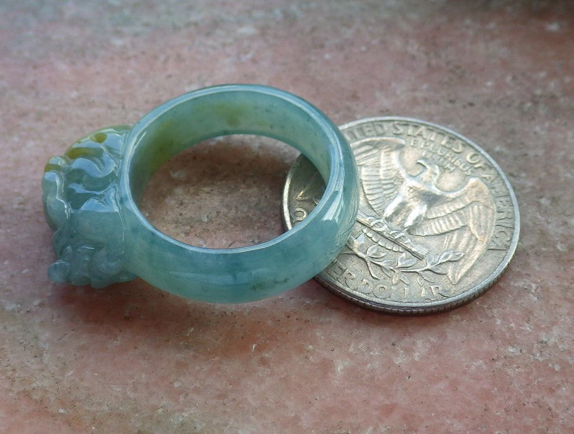 Certified Hand Carved Icy Yellow Green Natural Myanmar Burma A JADE Jadeite Dragon Pi Xiu Ring US 8.5