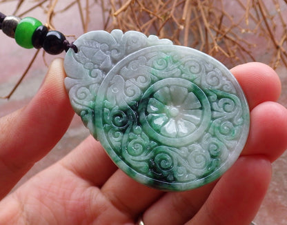 Certified Hand Carved Natural Green Lavender Burma A Jade jadeite Dragon Flower Ruyi Fu Pendant Necklace