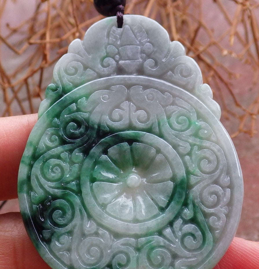 Certified Hand Carved Natural Green Lavender Burma A Jade jadeite Dragon Flower Ruyi Fu Pendant Necklace