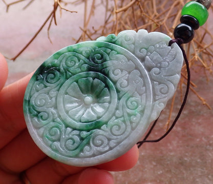 Certified Hand Carved Natural Green Lavender Burma A Jade jadeite Dragon Flower Ruyi Fu Pendant Necklace