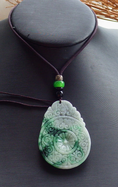 Certified Hand Carved Natural Green Lavender Burma A Jade jadeite Dragon Flower Ruyi Fu Pendant Necklace