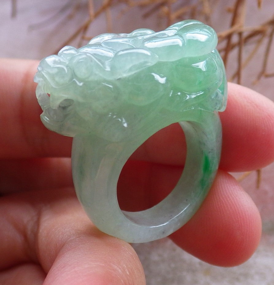 Certified Hand Carved Icy Green Natural Myanmar Burma A JADE Jadeite Dragon Pi Xiu Ring US 5.25