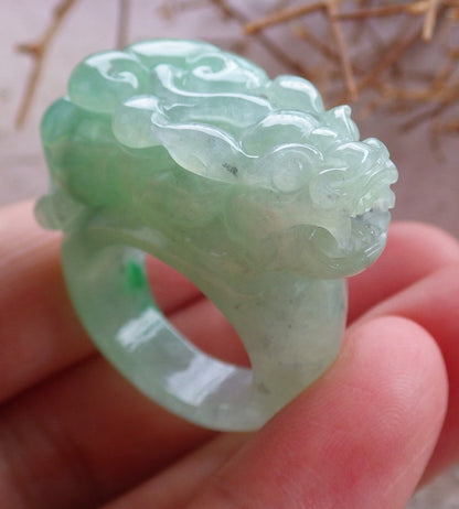 Certified Hand Carved Icy Green Natural Myanmar Burma A JADE Jadeite Dragon Pi Xiu Ring US 5.25