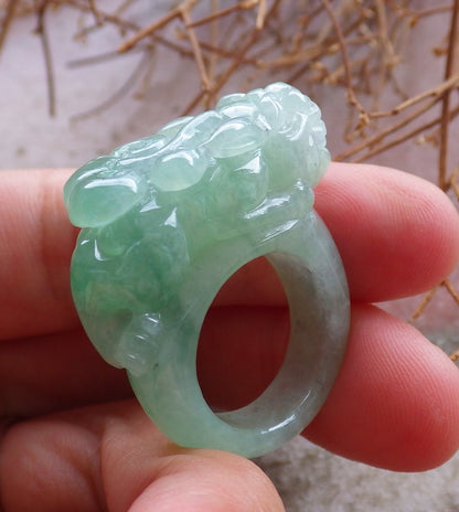 Certified Hand Carved Icy Green Natural Myanmar Burma A JADE Jadeite Dragon Pi Xiu Ring US 5.25