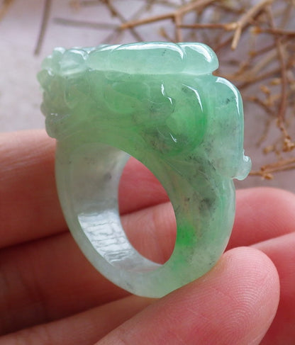 Certified Hand Carved Icy Green Natural Myanmar Burma A JADE Jadeite Dragon Pi Xiu Ring US 5.25