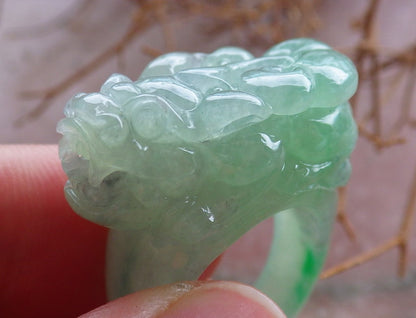 Certified Hand Carved Icy Green Natural Myanmar Burma A JADE Jadeite Dragon Pi Xiu Ring US 5.25