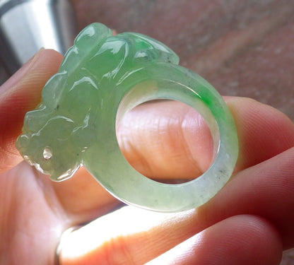 Certified Hand Carved Icy Green Natural Myanmar Burma A JADE Jadeite Dragon Pi Xiu Ring US 5.25