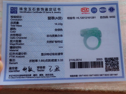 Certified Hand Carved Icy Green Natural Myanmar Burma A JADE Jadeite Dragon Pi Xiu Ring US 5.25