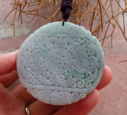 Certified Hand Carved Natural Green Lavender Burma A Jade jadeite Dragon Flower Ruyi Fu Pendant Necklace