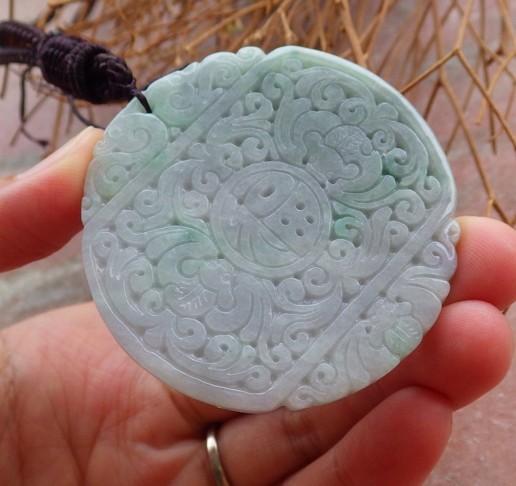 Certified Hand Carved Natural Green Lavender Burma A Jade jadeite Dragon Flower Ruyi Fu Pendant Necklace