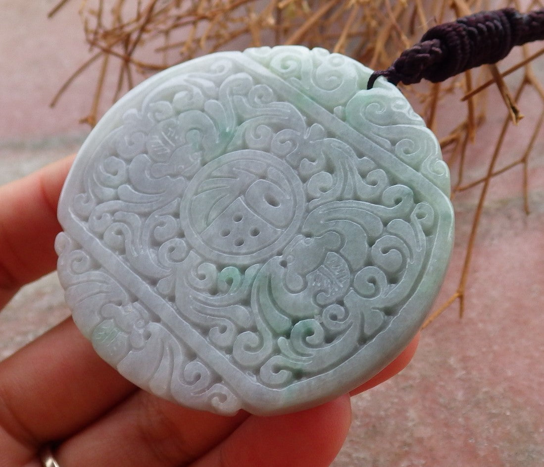 Certified Hand Carved Natural Green Lavender Burma A Jade jadeite Dragon Flower Ruyi Fu Pendant Necklace