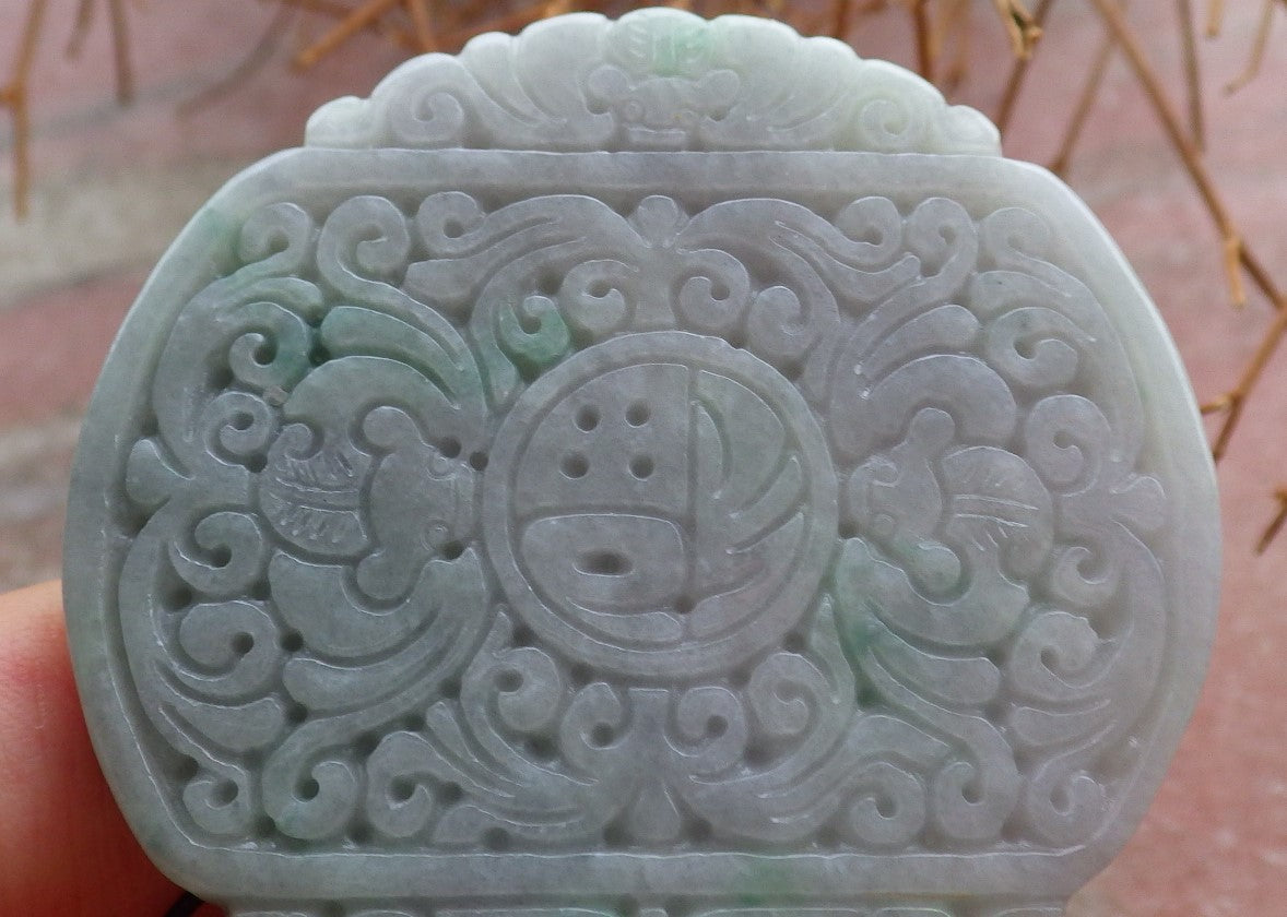 Certified Hand Carved Natural Green Lavender Burma A Jade jadeite Dragon Flower Ruyi Fu Pendant Necklace