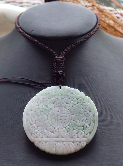 Certified Hand Carved Natural Green Lavender Burma A Jade jadeite Dragon Flower Ruyi Fu Pendant Necklace