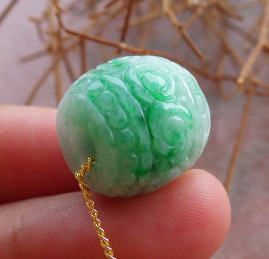 Certified Hand Carved Green Natural Myanmar Burma A Jade Jadeite Barrel Circle Donut Ruyi Pendant Necklace