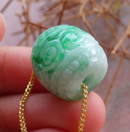 Certified Hand Carved Green Natural Myanmar Burma A Jade Jadeite Barrel Circle Donut Ruyi Pendant Necklace