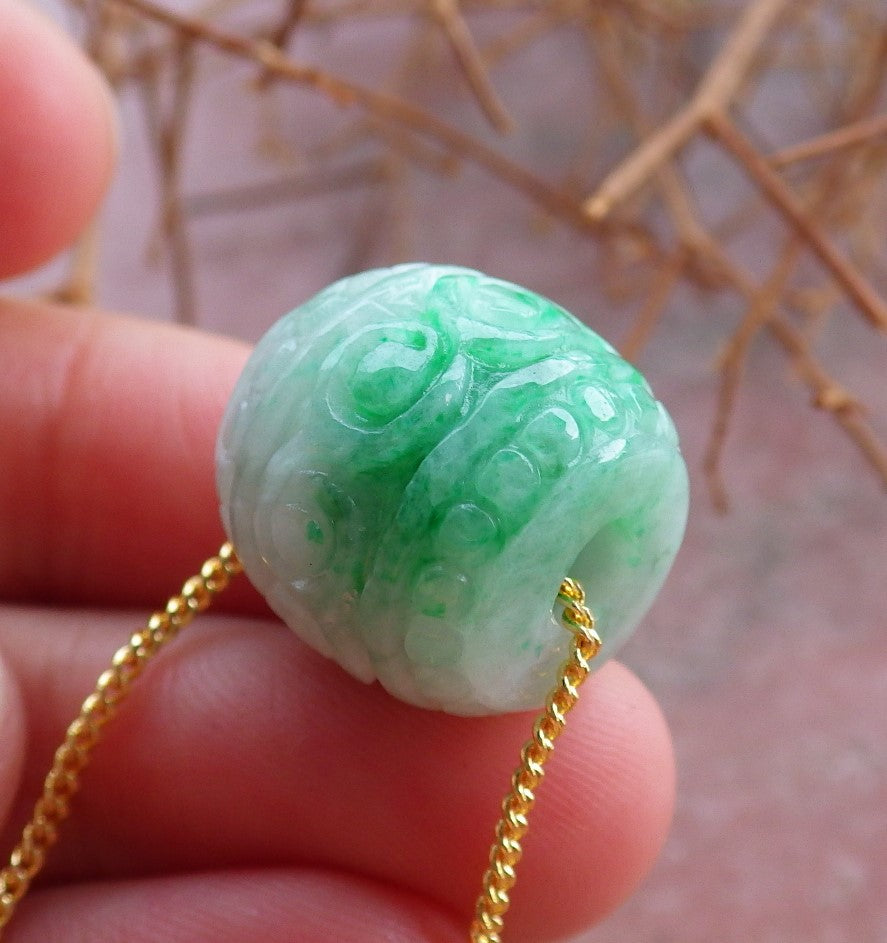 Certified Hand Carved Green Natural Myanmar Burma A Jade Jadeite Barrel Circle Donut Ruyi Pendant Necklace