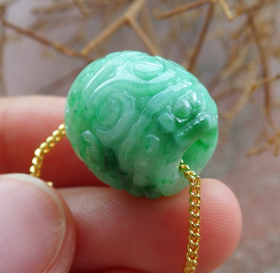 Certified Hand Carved Green Natural Myanmar Burma A Jade Jadeite Barrel Circle Donut Ruyi Pendant Necklace