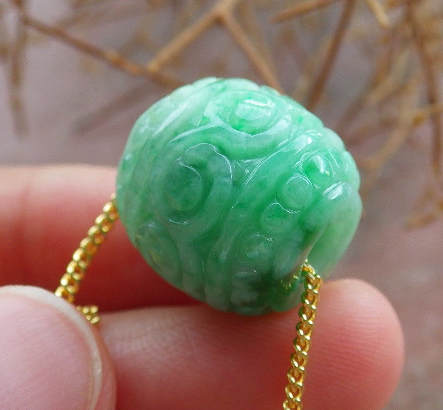 Certified Hand Carved Green Natural Myanmar Burma A Jade Jadeite Barrel Circle Donut Ruyi Pendant Necklace