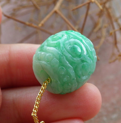 Certified Hand Carved Green Natural Myanmar Burma A Jade Jadeite Barrel Circle Donut Ruyi Pendant Necklace