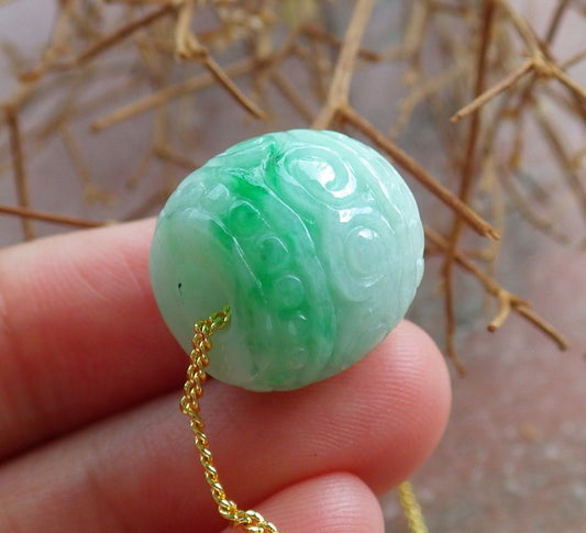 Certified Hand Carved Green Natural Myanmar Burma A Jade Jadeite Barrel Circle Donut Ruyi Pendant Necklace