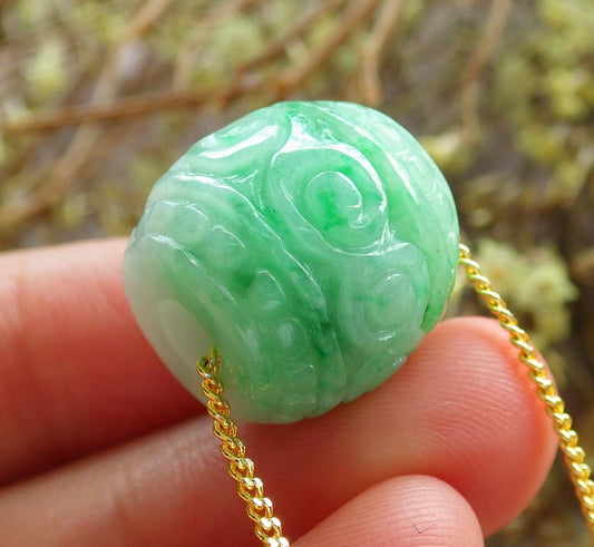 Certified Hand Carved Green Natural Burma A Jade Jadeite Circle Donut Ruyi Pendant Necklace