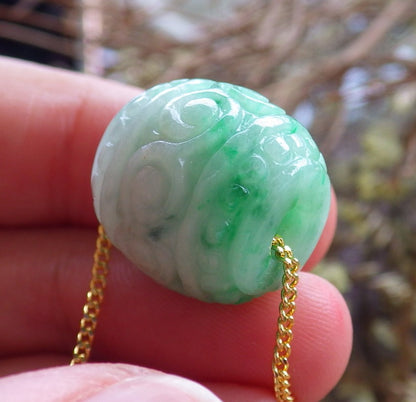 Certified Hand Carved Green Natural Burma A Jade Jadeite Circle Donut Ruyi Pendant Necklace