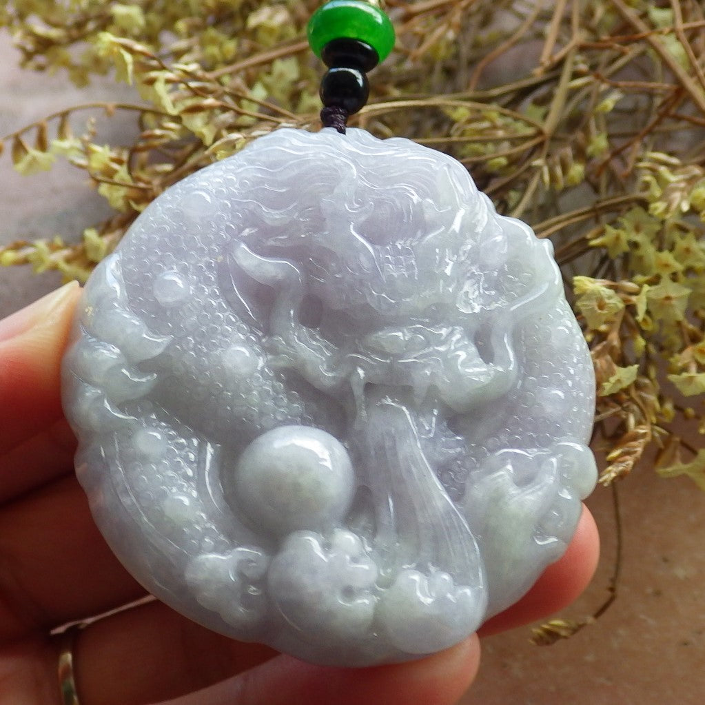 Certified Hand Carved Lavender Natural Burma A Jade Circle Dragon Bead Beads Pendant Necklace