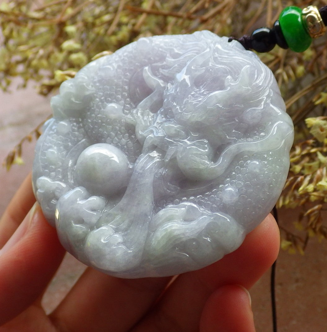 Certified Hand Carved Lavender Natural Burma A Jade Circle Dragon Bead Beads Pendant Necklace