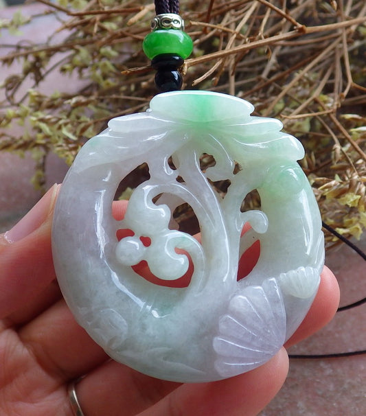 Certified Hand Carved Green Natural Burma A Jade Flower Sea Shell Pendant Necklace