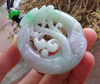 Certified Hand Carved Green Natural Burma A Jade Flower Sea Shell Pendant Necklace