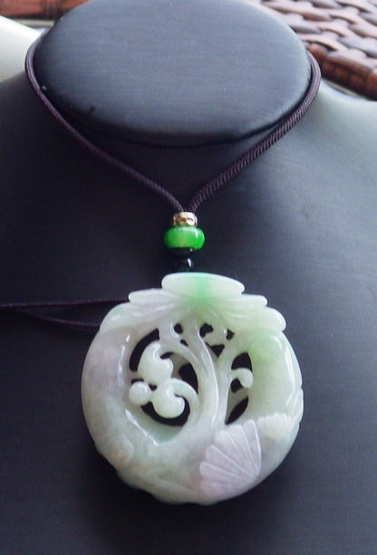 Certified Hand Carved Green Natural Burma A Jade Flower Sea Shell Pendant Necklace