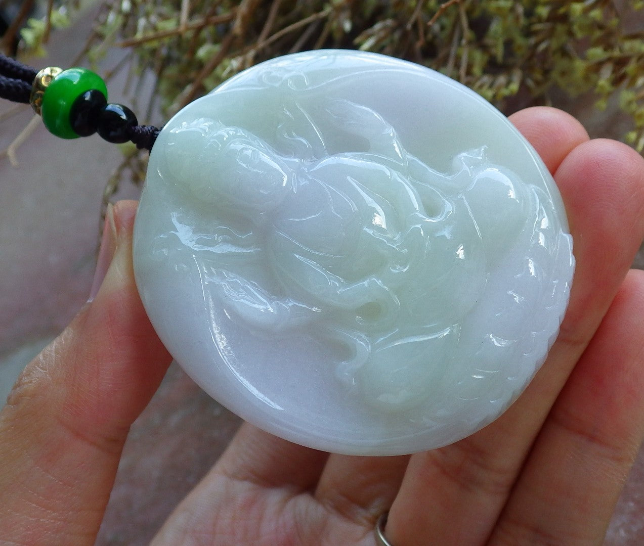 Certified Hand Carved Green Natural Myanmar Burma A Jade jadeite Circle Guanyin Kwan Yin Pendant Necklace