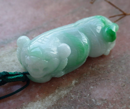 Certified Hand Carved Green Natural Myanmar Burma A Jade Jadeite Zodiac Tiger Lucky Amulet Pendant Necklace