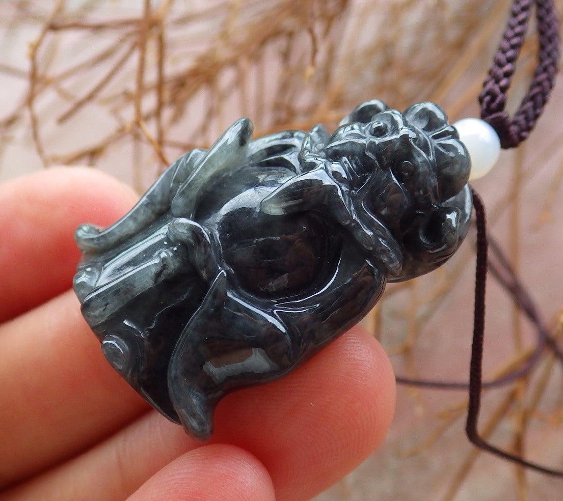 Certified Hand Carved Black Natural Myanmar Burma A Jade jadeite Zhong Kui God Bat Fan Lucky Amulet Pendant Necklace