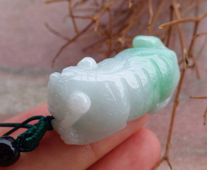 Certified Hand Carved Green Natural Myanmar Burma A Jade Jadeite Tiger Zodiac Pendant Necklace