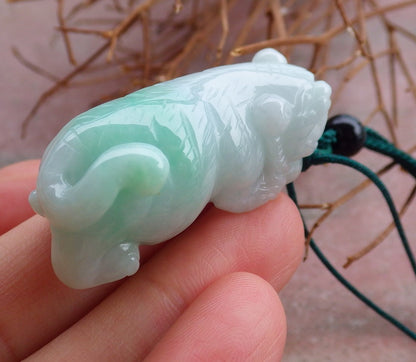 Certified Hand Carved Green Natural Myanmar Burma A Jade Jadeite Tiger Zodiac Pendant Necklace