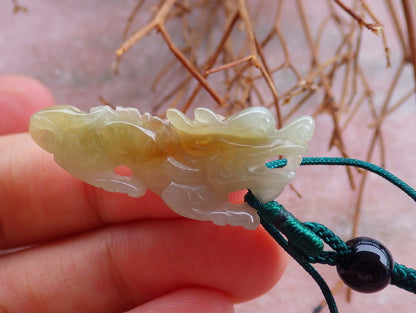 Certified Hand Carved Yellow Natural Burma A Jade jadeite Dragon Pendant Necklace